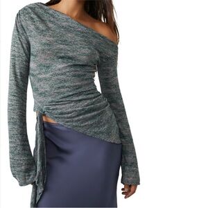 Free People Golden Hour Off The Shoulder Asymmetrical Green Marbled Tie Top
